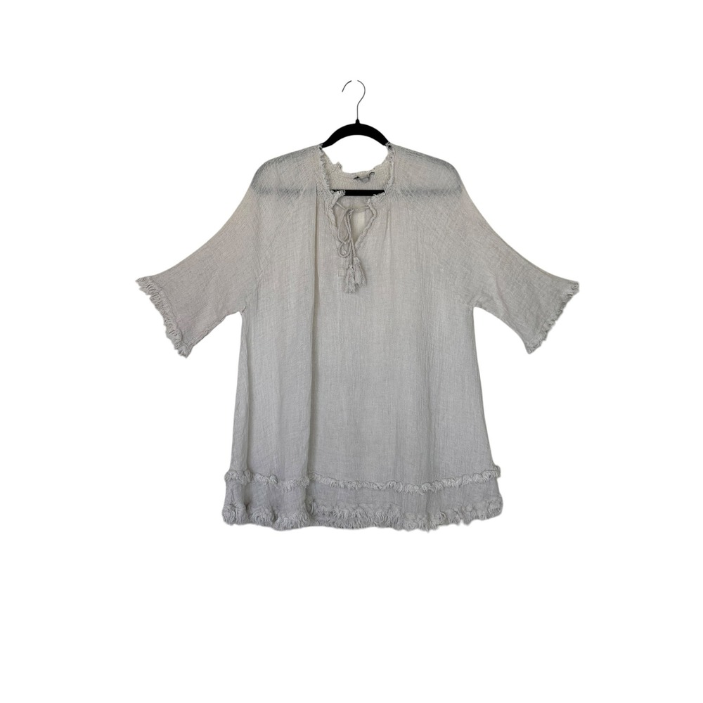 Tempo Paris Linen Tunic Top Oatmeal Fringe Tassel Tie Made in Italy M/L Relaxed
